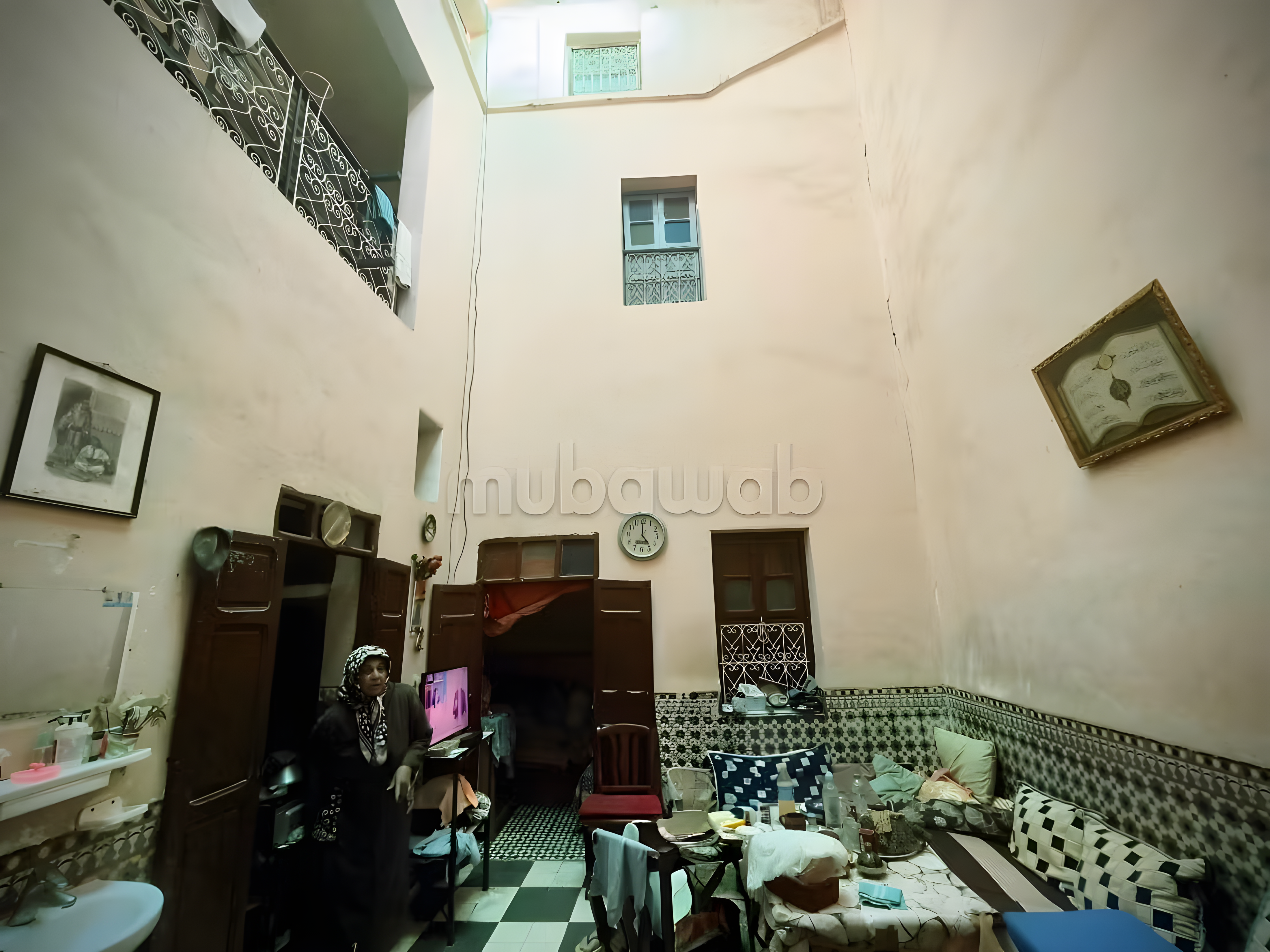 Courtyard in Assouel with Moroccan tilework and furnishings.