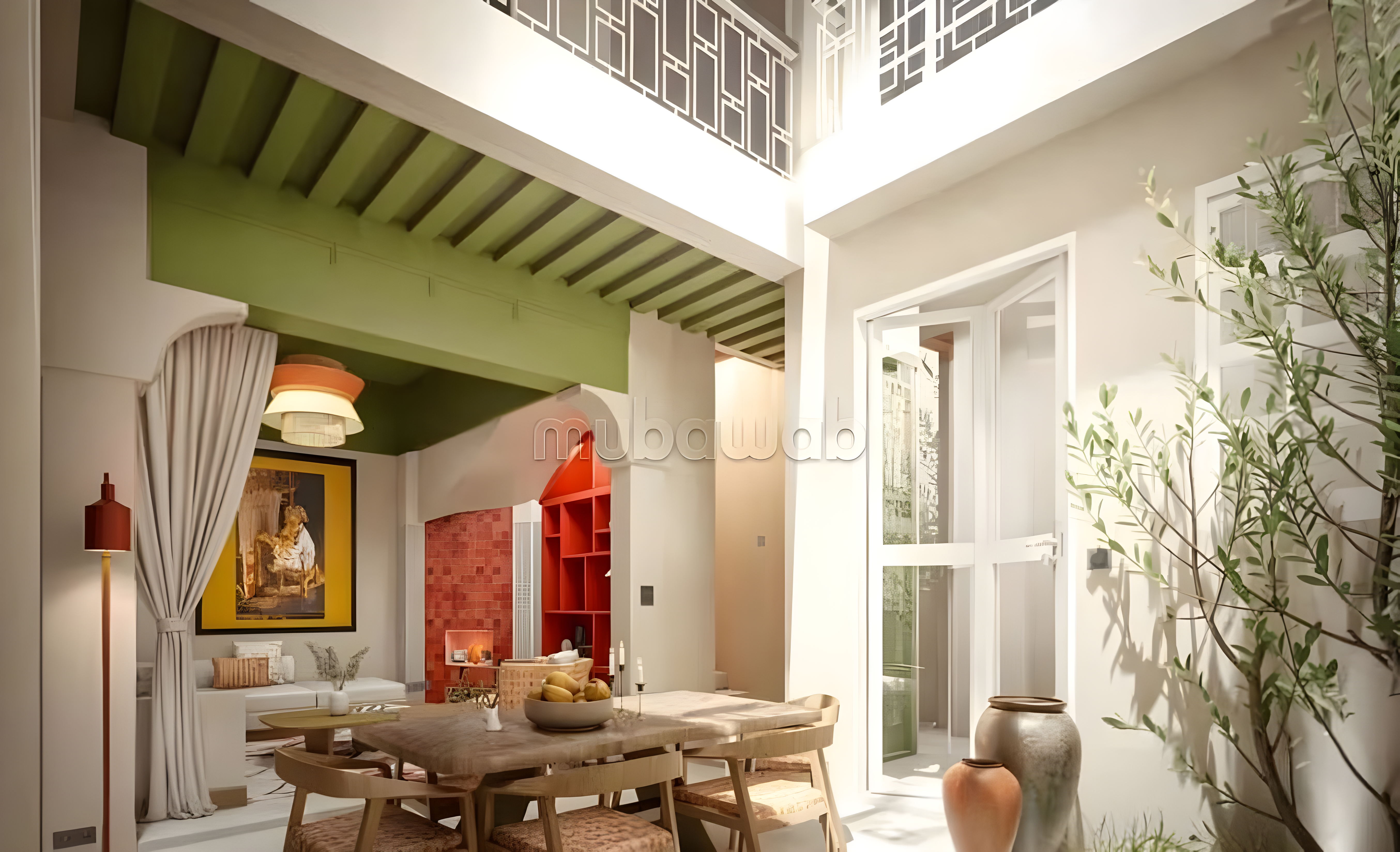 Moroccan guesthouse courtyard in Arset Ihiri with seating and dining area.