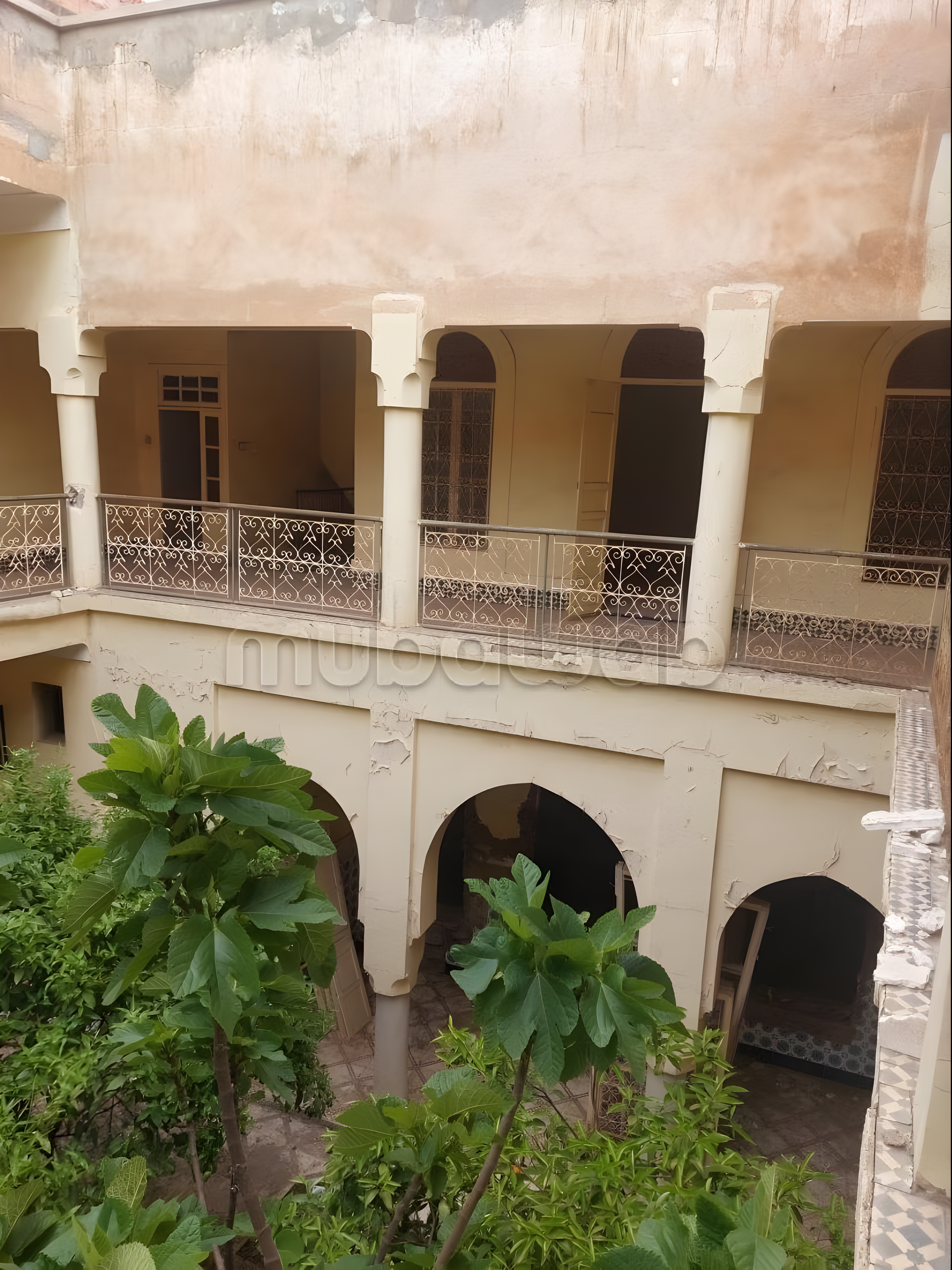 Moroccan courtyard in Sidi Mimoun with arches and central greenery.