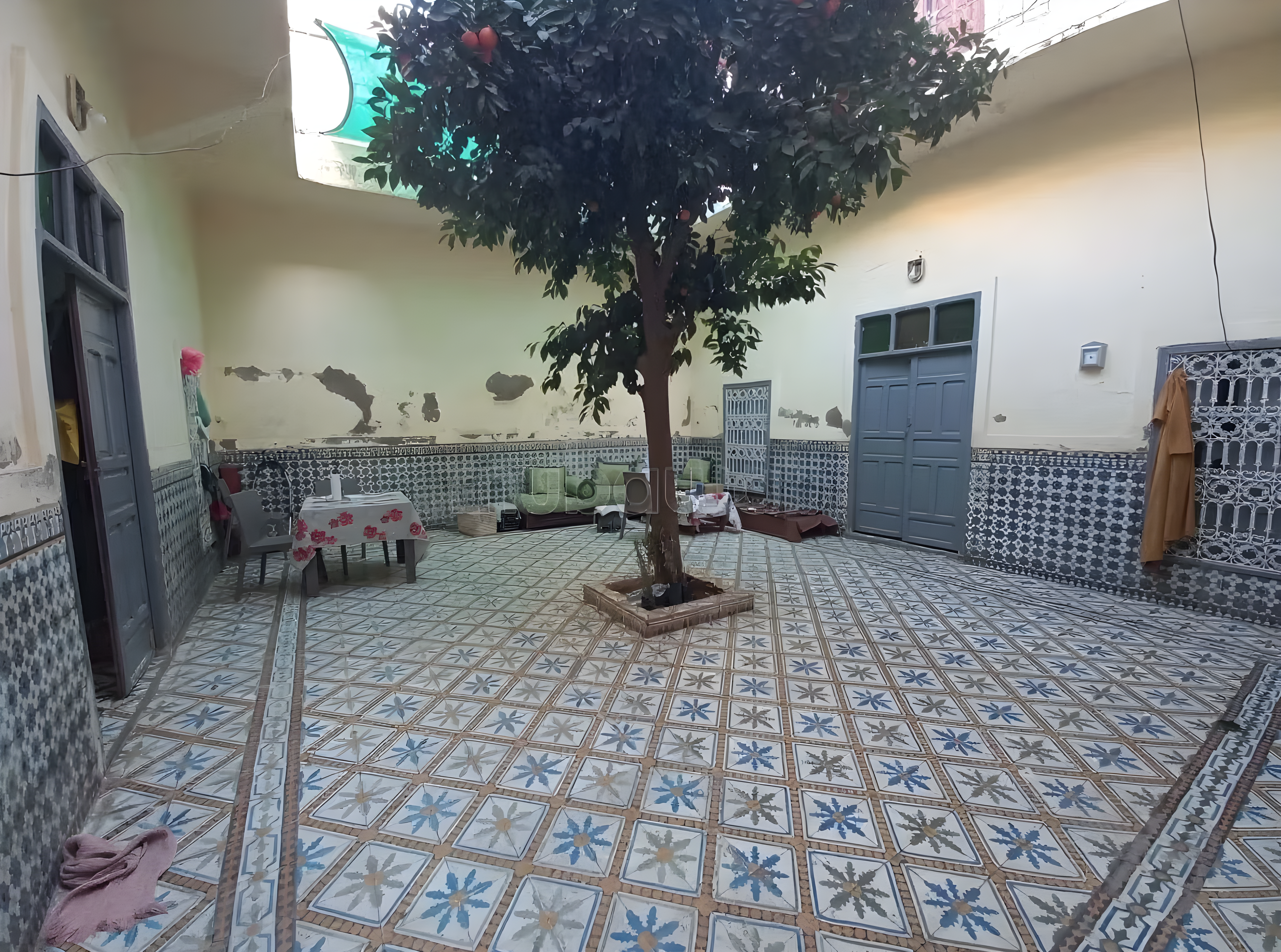 Courtyard with ceramic tiles and central tree in Arset El Houta.